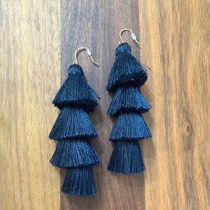 Dark Navy Blue Fringe Tiered Tassel Earrings on Gold Tone Stud Pierced Statement